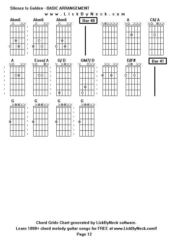 Chord Grids Chart of chord melody fingerstyle guitar song-Silence Is Golden - BASIC ARRANGEMENT,generated by LickByNeck software.